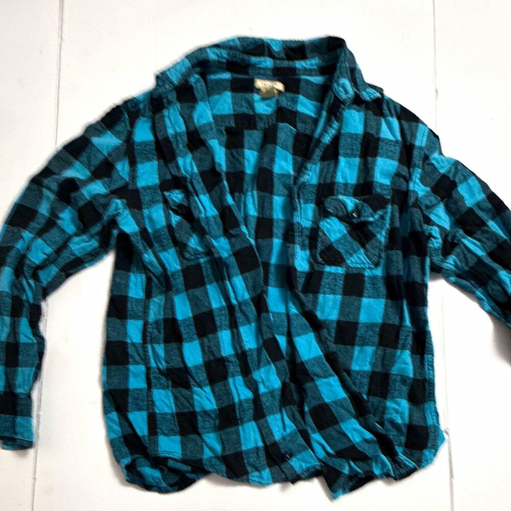 AriZona woman’s XL Blue/Black Plaid Flannel Cotton Button-Up Shirt w/ Pockets